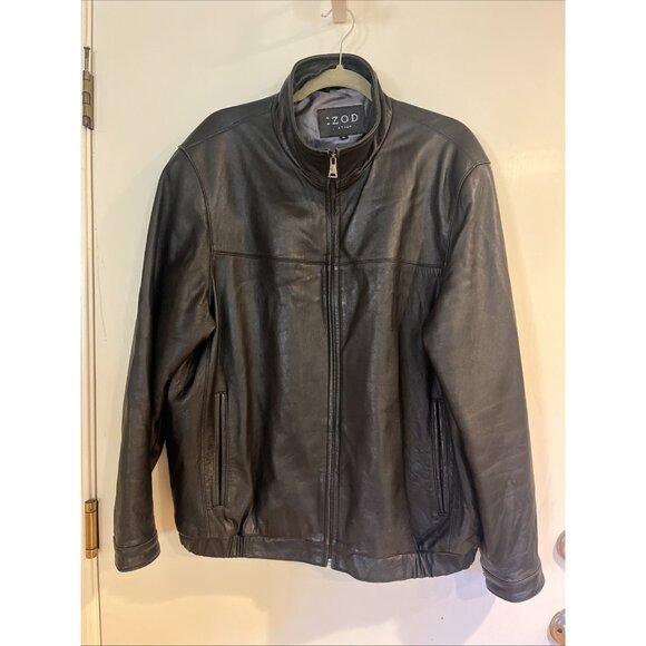 VTG Izod Leather Bomber Jacket Mens XL Dark Brown Lined interior pockets Zip - Picture 1 of 15